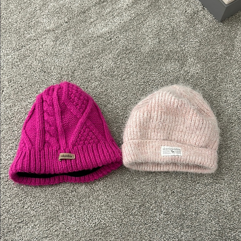 Pink Set of Columbia and Abercrombie Beanies/Knit Hats for Winter